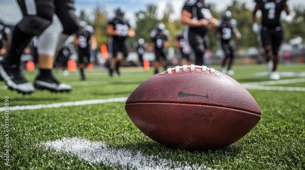 Close-up of an American football on the turf, with players running in the background during a game.