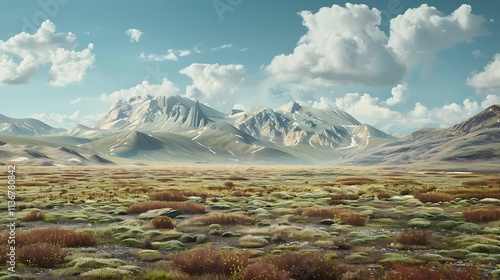 A remote tundra mountain landscape with rolling hills, sparse vegetation, and a cold, desolate atmosphere