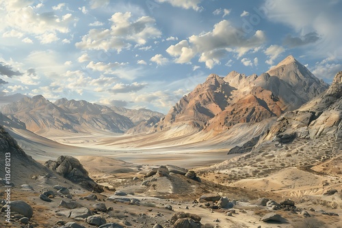 A rugged desert mountain landscape with rocky, barren peaks and a dry, sandy valley below photo