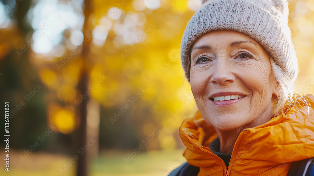 Senior Woman Smiling in Autumn Forest with Hiking Hat Senior Woman Smiling in Autumn Forest with Hiking Hat