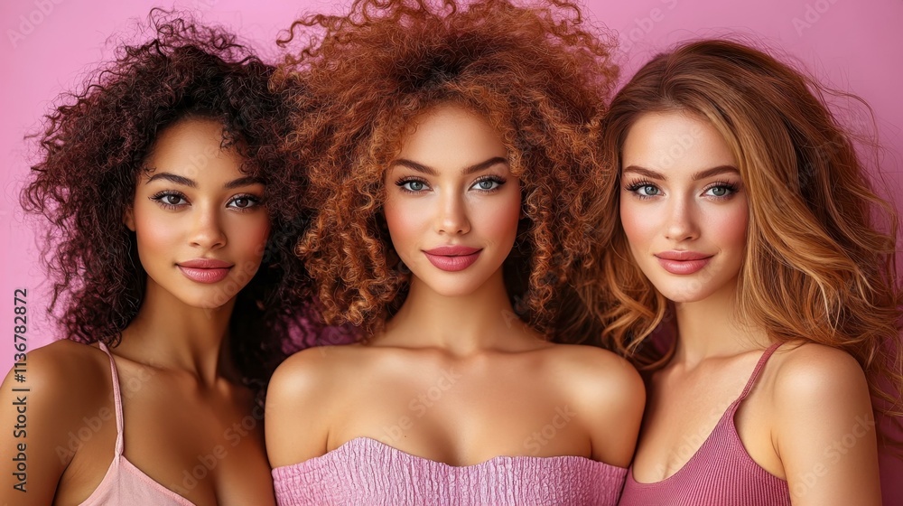 Diverse young women with natural curly and straight hair smiling together, casual portrait for friendship, beauty blog, lifestyle, natural light, warm tones, studio background, positive mood Diverse young women with natural curly and straight hair smiling together, casual portrait for friendship, beauty blog, lifestyle, natural light, warm tones, studio background, positive mood