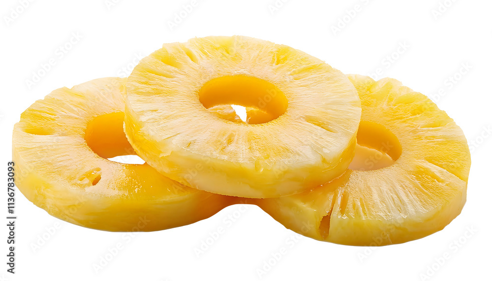 Slices of vivid yellow pineapple, showing their juicy texture and vibrant color, perfect for concepts relating to tropical fruits and freshness. PNG white transparent background Slices of vivid yellow pineapple, showing their juicy texture and vibrant color, perfect for concepts relating to tropical fruits and freshness. PNG white transparent background