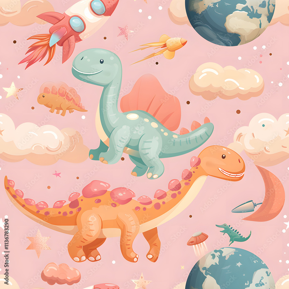 Whimsical Dinosaur Adventure in Space - Seamless Pattern Whimsical Dinosaur Adventure in Space - Seamless Pattern