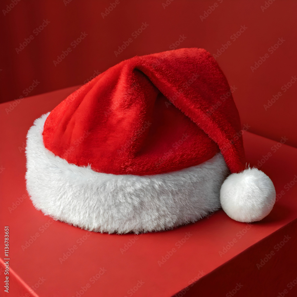A Santa hat, a classic holiday accessory, featuring a red felt material with a white fluffy pom-pom and trim. A Santa hat, a classic holiday accessory, featuring a red felt material with a white fluffy pom-pom and trim.