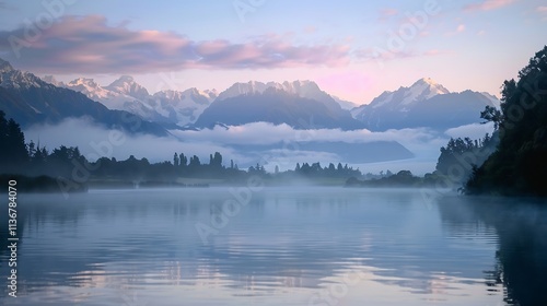 Beautiful view of lake and mountains in the morning, New Zealand