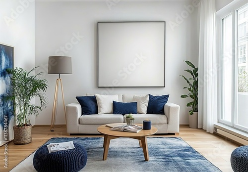  Minimalist interior design of a modern living room with blue and gray decor