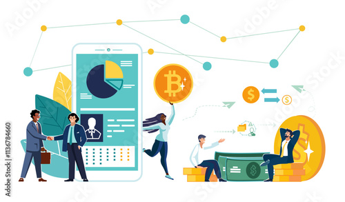 Vector illustration. Business, mobile app. Team of business people are negotiating a deal, working together for success. Solving financial issues, Dollar gold coins Bitcoin.Ethnicity African Americans