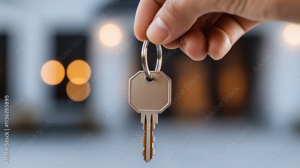 Hand holding keys in front of a building with a blurred background creating a real estate concept Hand holding keys in front of a building with a blurred background creating a real estate concept