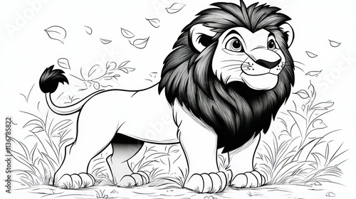 Cartoon lion cub in grassland, black and white. photo