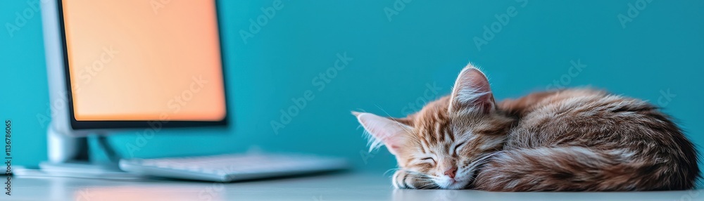 Fototapeta premium A cozy cat sleeps peacefully on a desk beside a computer, blending comfort with a modern workspace aesthetic.