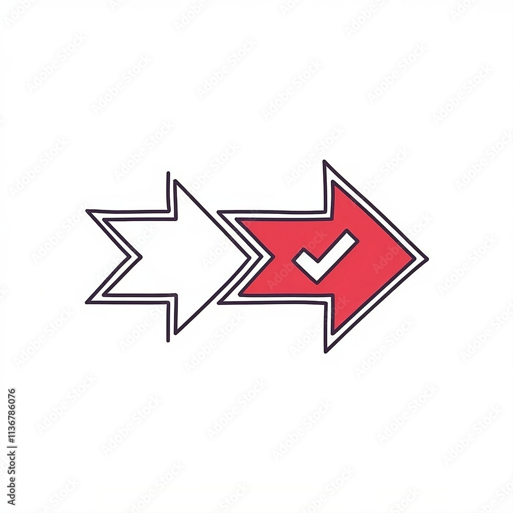 A minimalistic illustration featuring two arrows, one outlined in white and the other filled in red with a white checkmark inside. Ideal for business, education, and infographic content A minimalistic illustration featuring two arrows, one outlined in white and the other filled in red with a white checkmark inside. Ideal for business, education, and infographic content