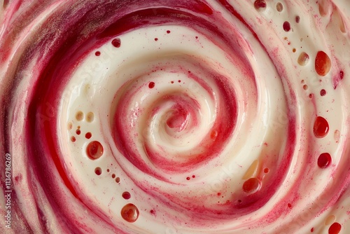 Smooth yogurt swirl texture with vibrant red berry accents creates an artistic culinary visual photo