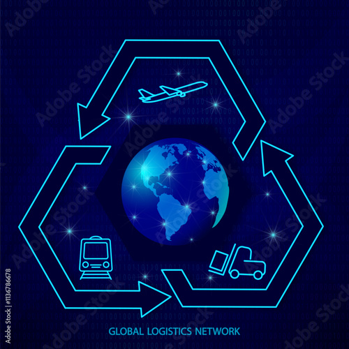 Global logistics network. Map global logistics partnership connection in dark blue.  World map and logistics icons  in neon style for your design. EPS10.