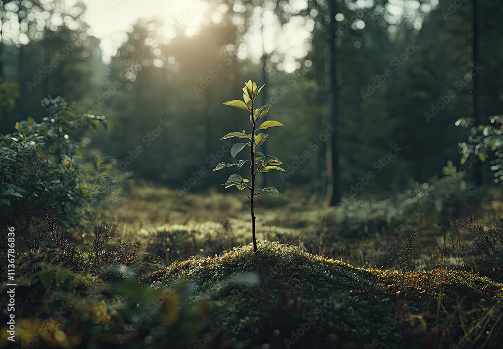 Fototapeta premium A solitary young plant emerges in a serene forest, symbolizing growth and resilience.