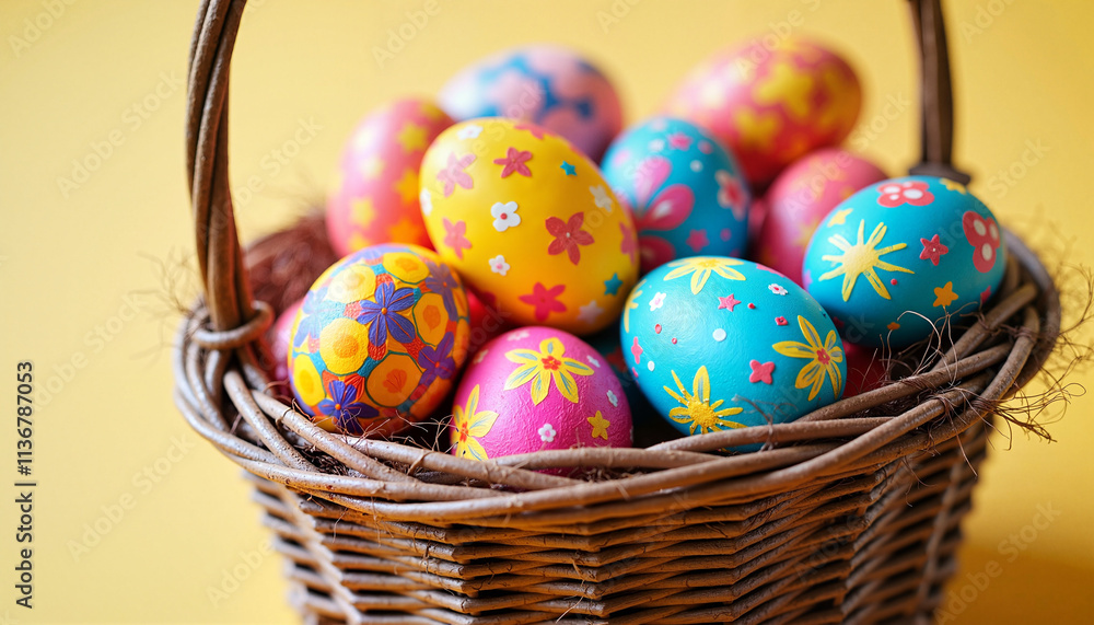 Colorful Easter eggs in a wicker basket against a bright yellow background Colorful Easter eggs in a wicker basket against a bright yellow background