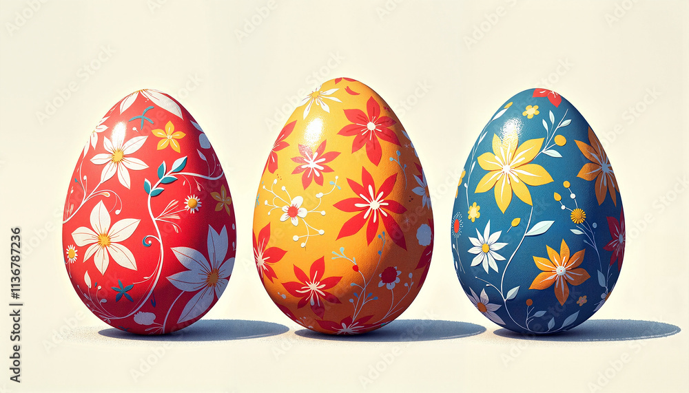 Decorative Easter eggs with floral patterns in bright colors against a soft background Decorative Easter eggs with floral patterns in bright colors against a soft background