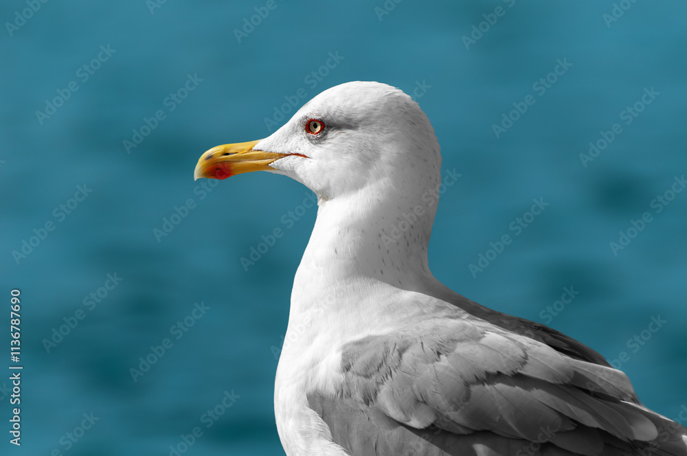 Close-up portrait of an adult yellow-legged gull (Larus michahellis) against the sea Close-up portrait of an adult yellow-legged gull (Larus michahellis) against the sea