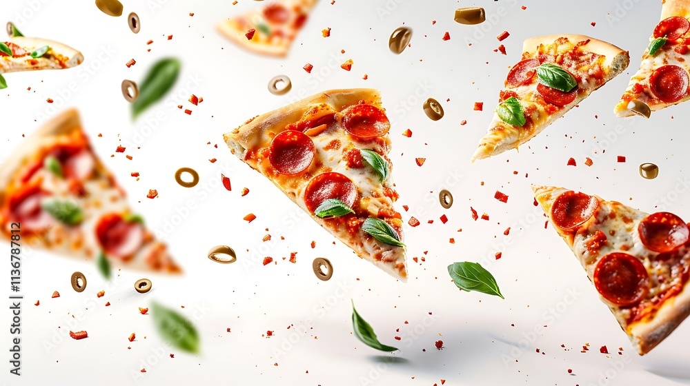 Slices of pizza with salami, cheese and basil on white background Slices of pizza with salami, cheese and basil on white background