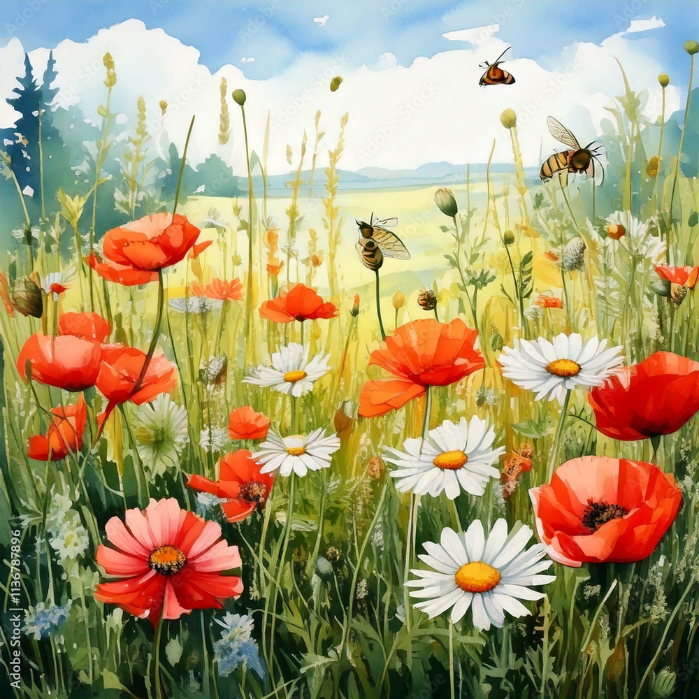 Obraz premium Wildflower meadow with watercolor daisies, poppies, and buzzing bees