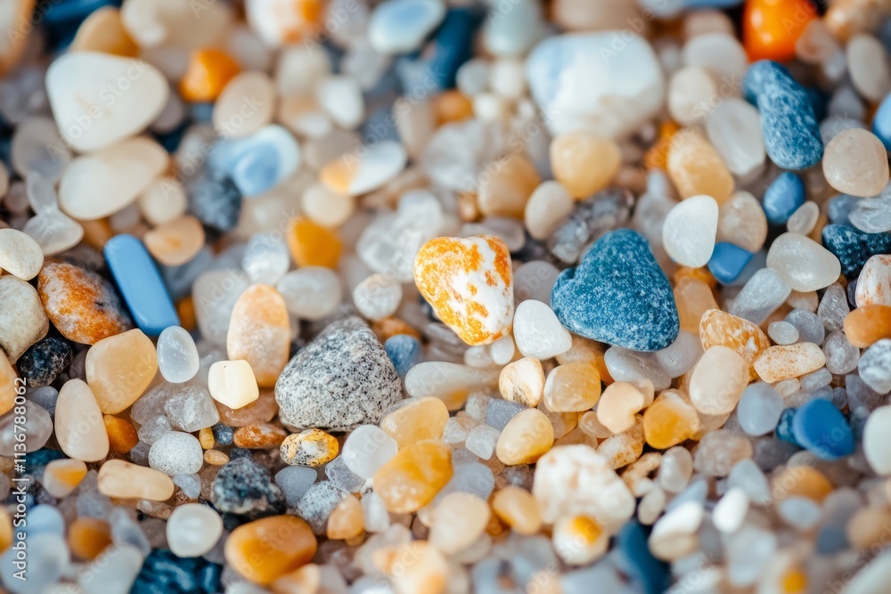 Exploring the intricate details of fine sand grains and colorful pebbles on a tranquil beach Exploring the intricate details of fine sand grains and colorful pebbles on a tranquil beach