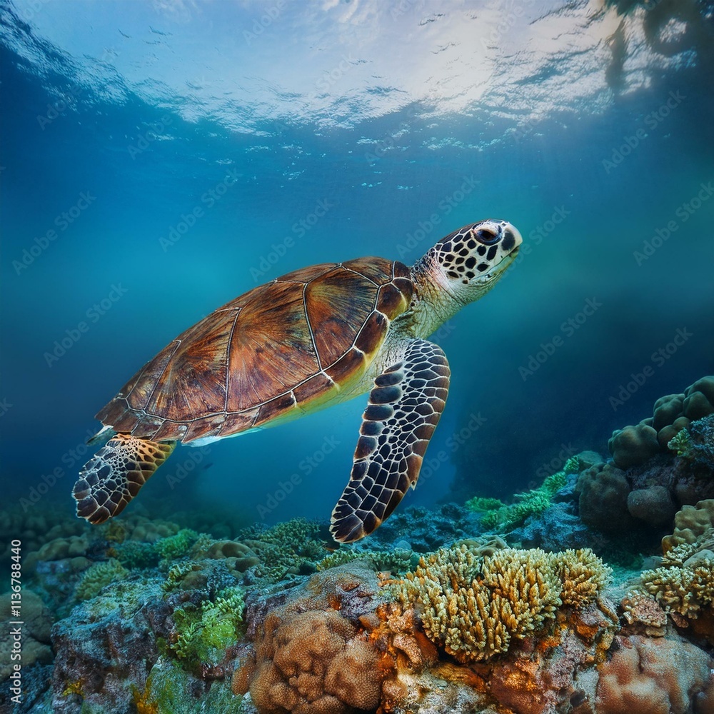 Fototapeta premium Sea turtle swims under water on the background of coral reefs