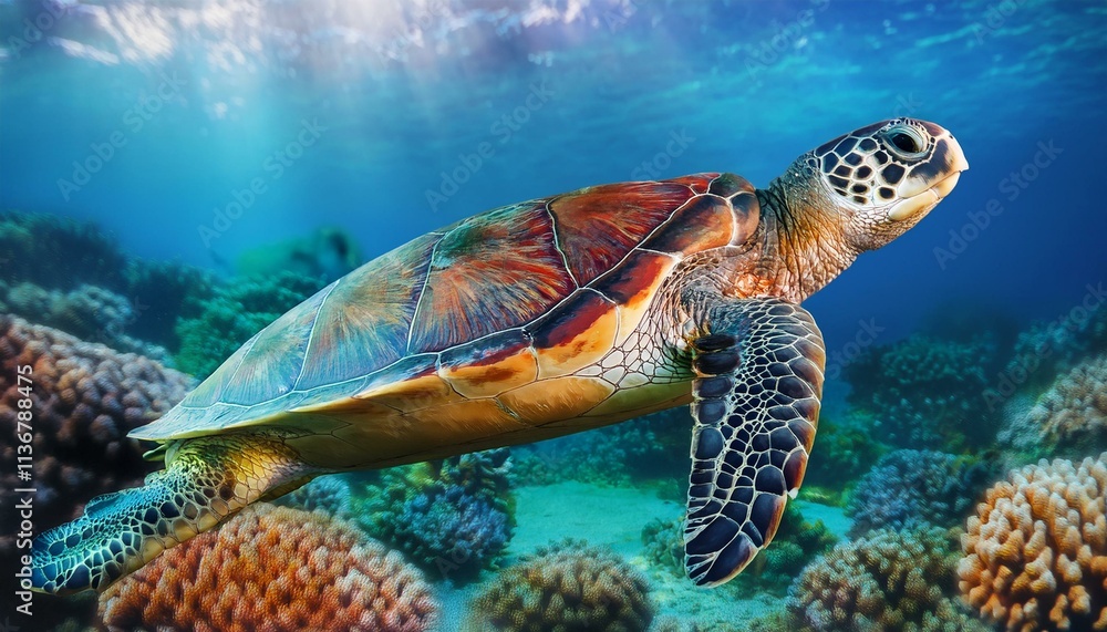 Sea turtle swims under water on the background of coral reefs Sea turtle swims under water on the background of coral reefs