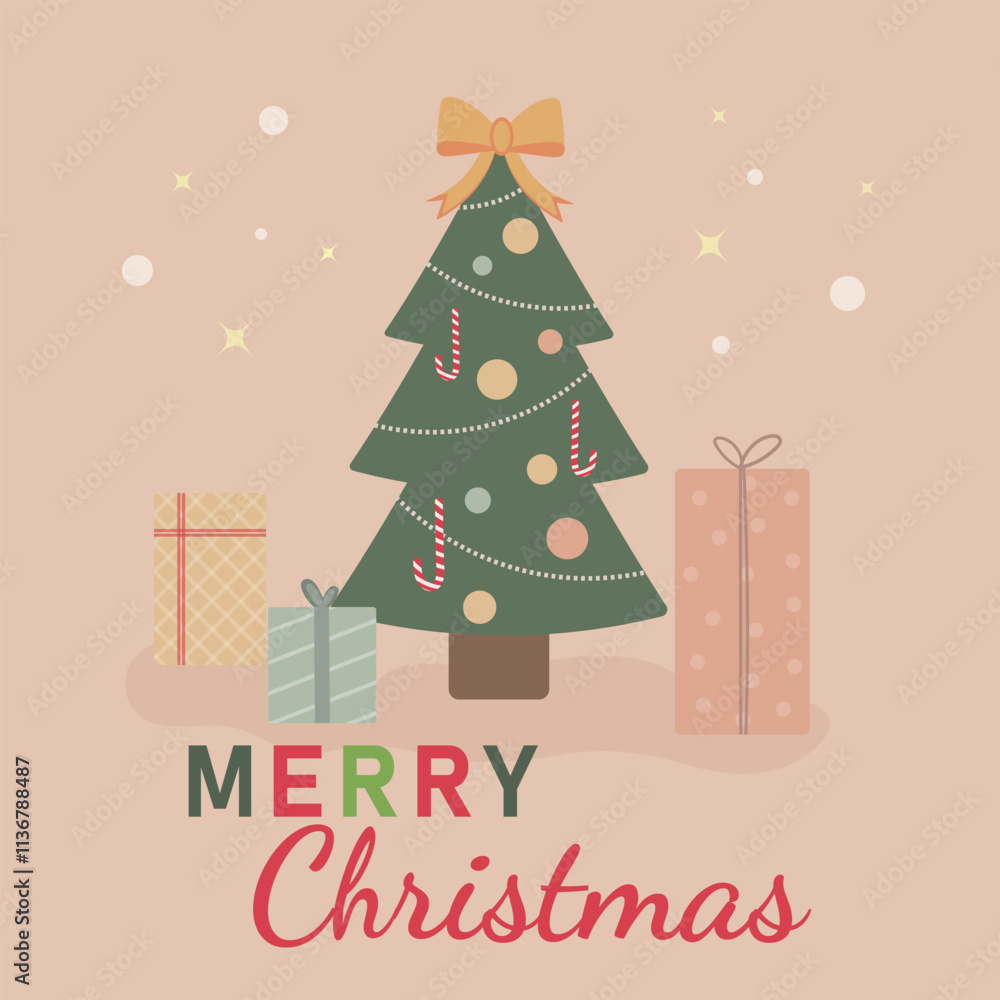 Christmas greetings in pastel colors, a Christmas tree with gifts and the inscription Merry Christmas Christmas greetings in pastel colors, a Christmas tree with gifts and the inscription Merry Christmas