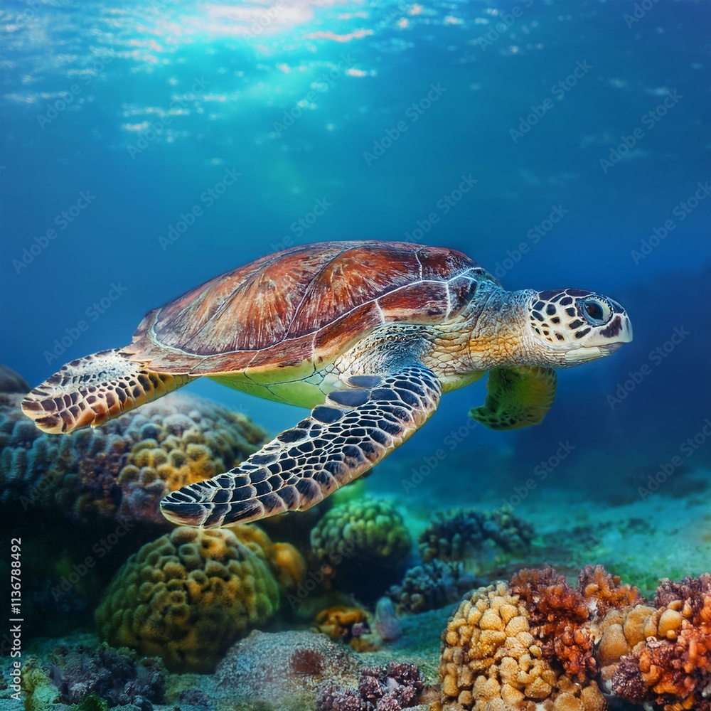 Sea turtle swims under water on the background of coral reefs Sea turtle swims under water on the background of coral reefs