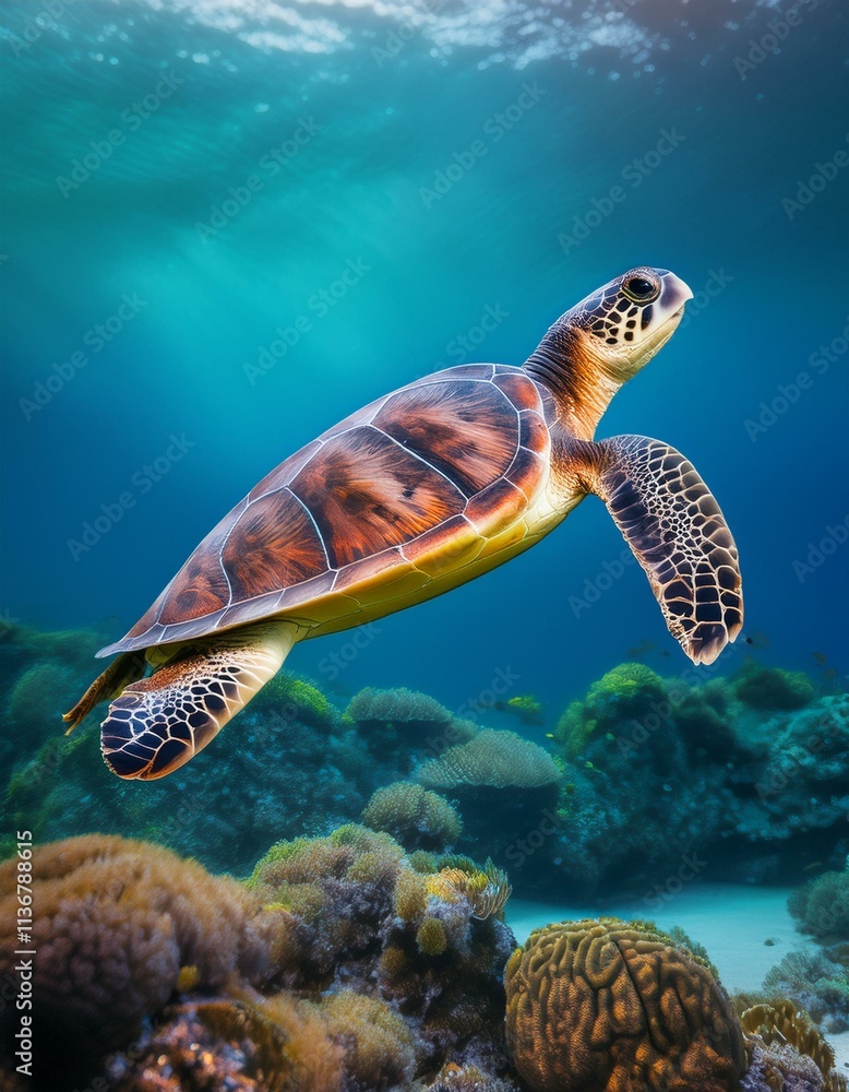 Fototapeta premium Sea turtle swims under water on the background of coral reefs
