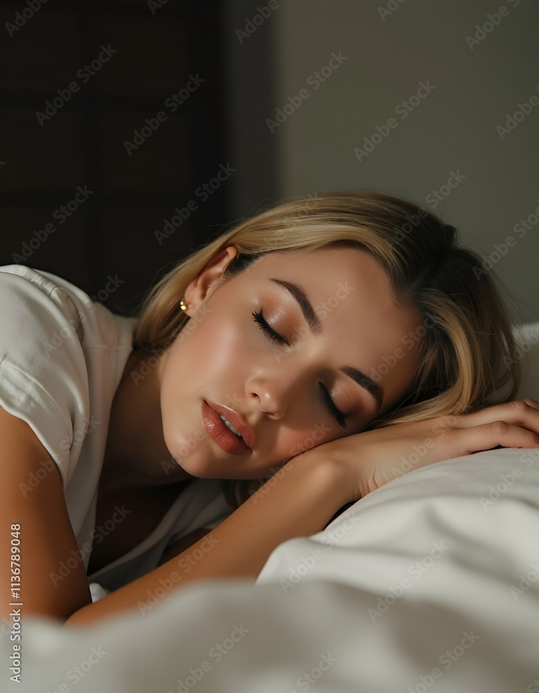 Fototapeta premium Happy Woman Resting on a Cozy Bed in Serene Bedroom