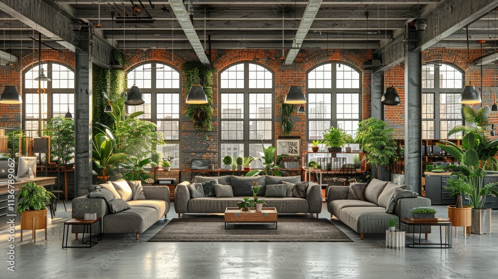 Fototapeta premium A modern, plant-filled lounge area with cozy sofas and large windows.