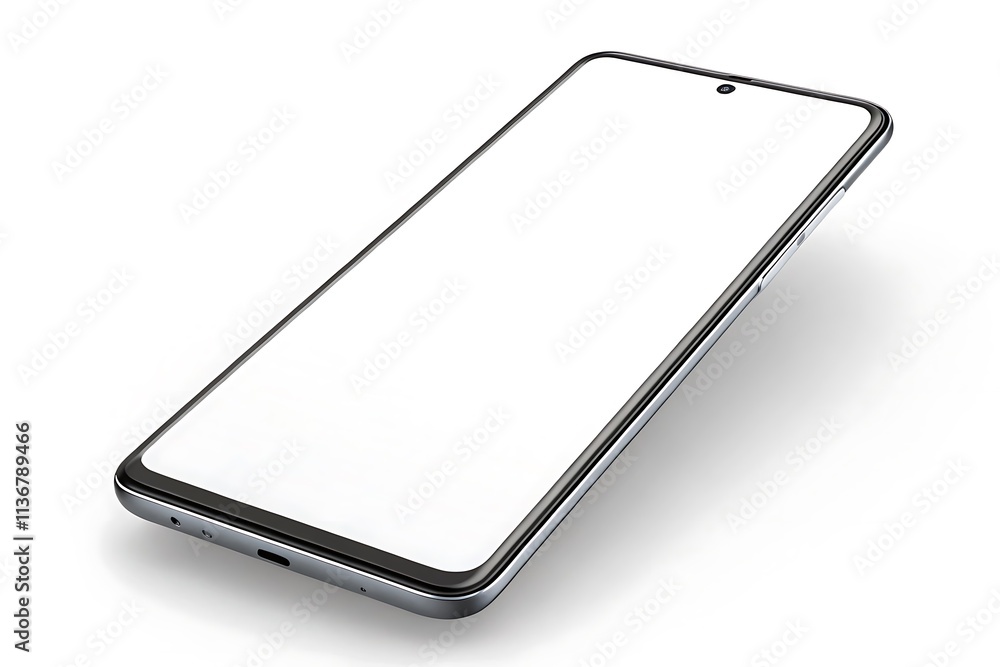 New smartphone with big screen and blank screen on white background.
New smartphone with big screen and blank screen on white background.