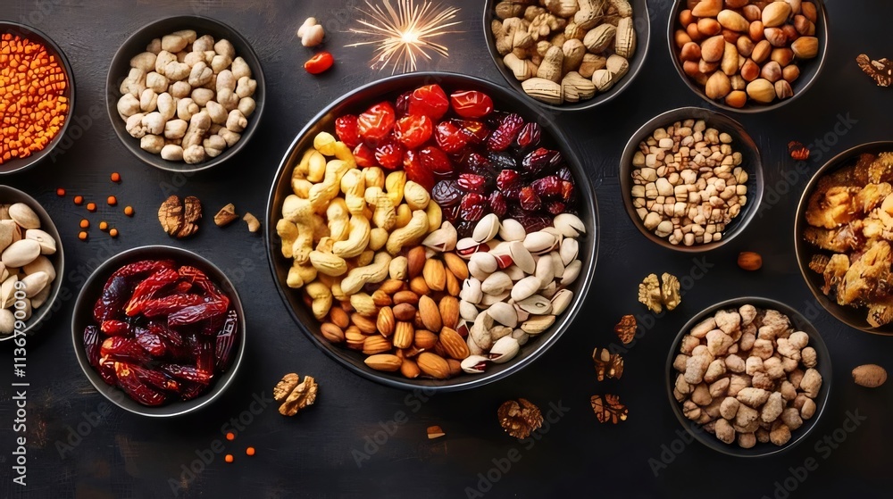 Assorted nuts, seeds, and dried fruits in bowls on dark background. Assorted nuts, seeds, and dried fruits in bowls on dark background.