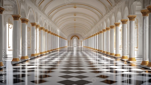 Grand Hallway with White Columns and Checkered Floor