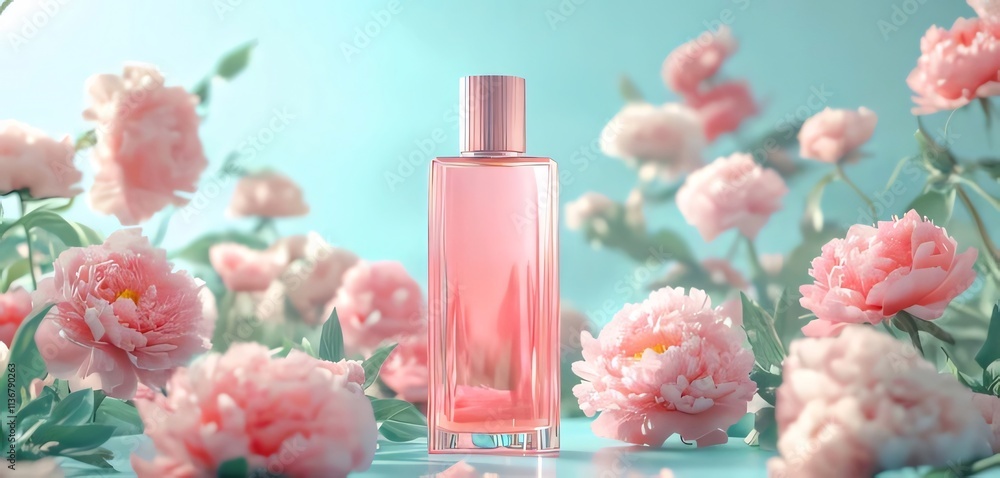Pink perfume bottle surrounded by pink peonies. (1) Pink perfume bottle surrounded by pink peonies. (1)