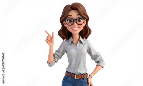 Cheerful 3D Cartoon Woman Pointing,  Digital Illustration