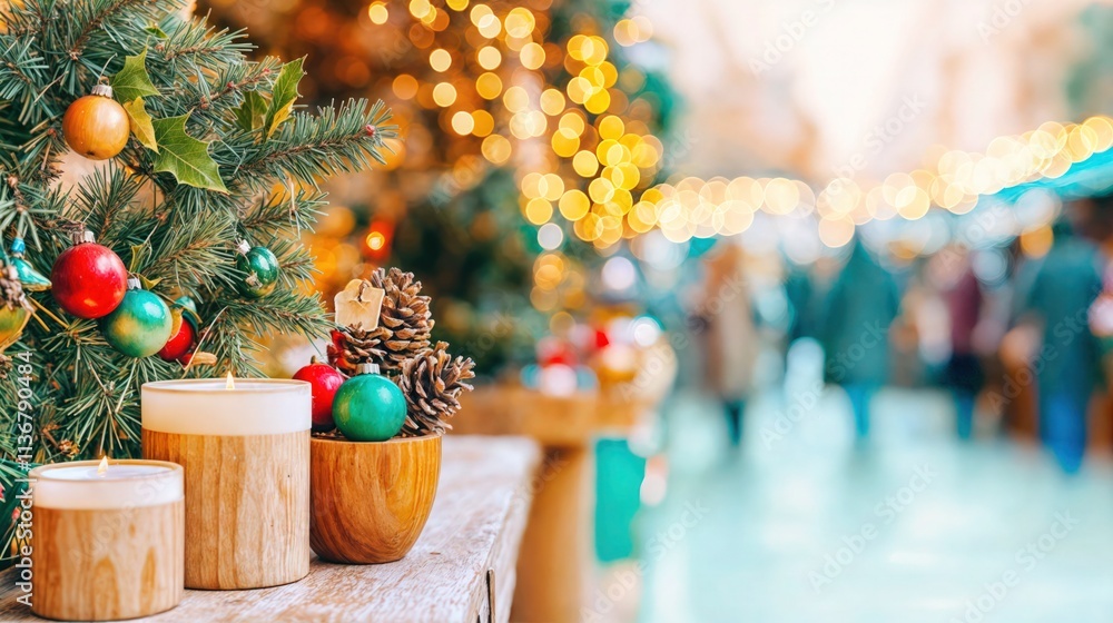 Christmas decorations with candles, pinecones, and ornaments on a wooden table with bokeh lights