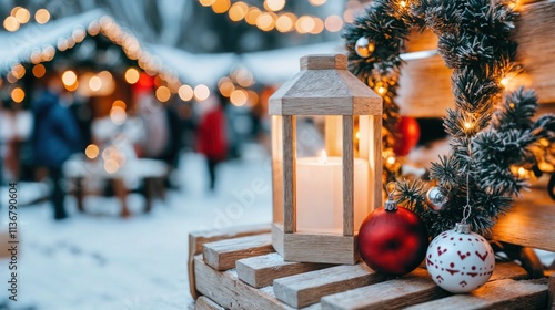 Obraz na płótnie Wooden lantern with lit candle and Christmas ornaments at a snowy festive market
w salonie