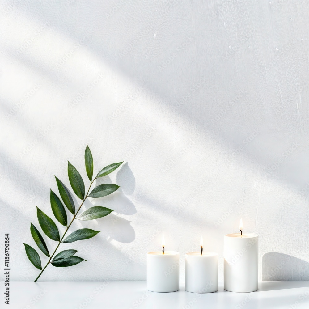 Minimalist composition with three lit white candles and green leaves on a white background
