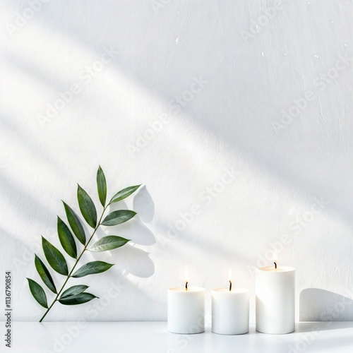 Obraz na płótnie Minimalist composition with three lit white candles and green leaves on a white background
w salonie
