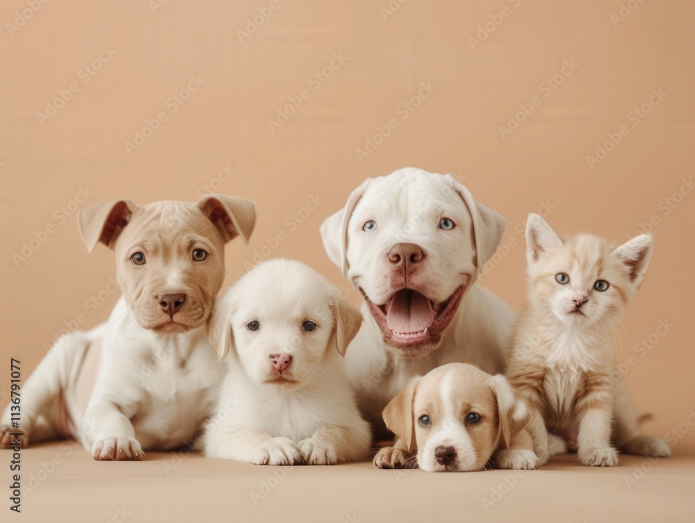 A heartwarming group of five adorable puppies and a kitten poses together against a soft, neutral background. A heartwarming group of five adorable puppies and a kitten poses together against a soft, neutral background.