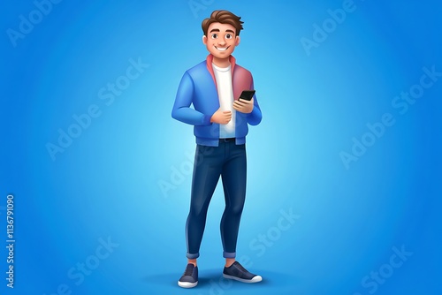 Full size photo of concentrated smm worker man use cellphone answer sms messages have online conversation with friends type comments posts wear stylish outfit sneakers isolated grey color background
