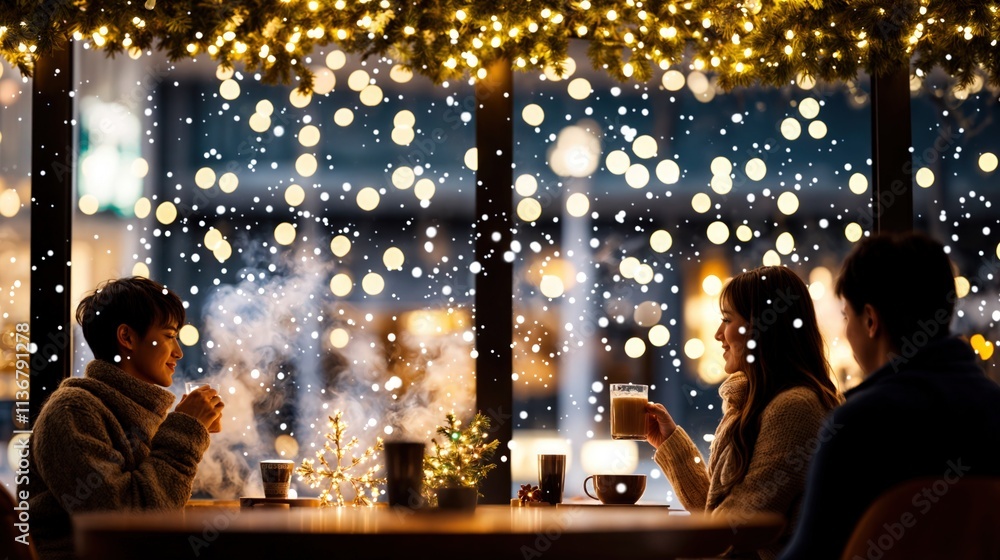Friends enjoying hot drinks in a cozy cafe with snowfall and festive lights outside the window