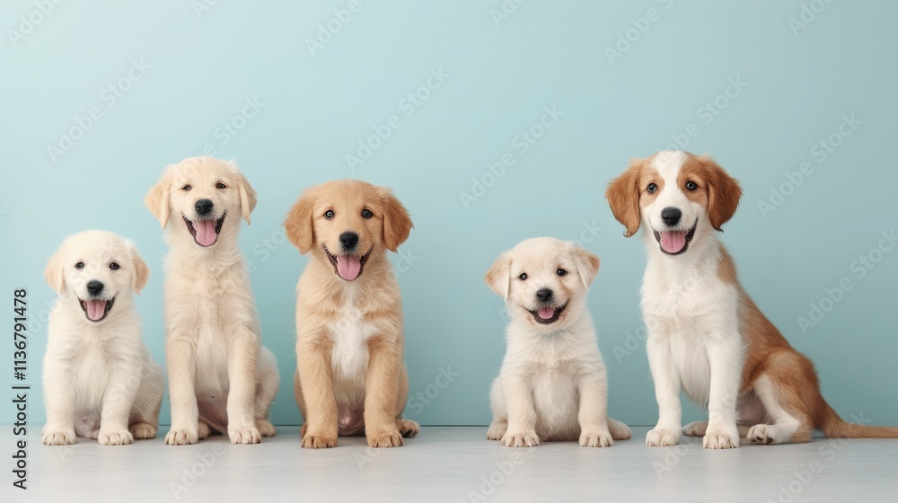Five adorable puppies sitting against a light blue backdrop, showcasing their playful and friendly nature. Five adorable puppies sitting against a light blue backdrop, showcasing their playful and friendly nature.
