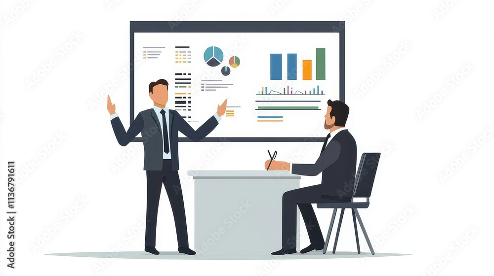Businessmen Analyzing Financial Data and Charts on Presentation Board Businessmen Analyzing Financial Data and Charts on Presentation Board