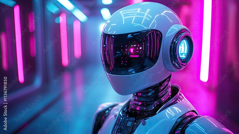 Futuristic robot head in neon lighting. Futuristic robot head in neon lighting.