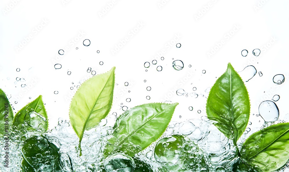 Green Leaves Submerged in Sparkling Water Bubbles Green Leaves Submerged in Sparkling Water Bubbles