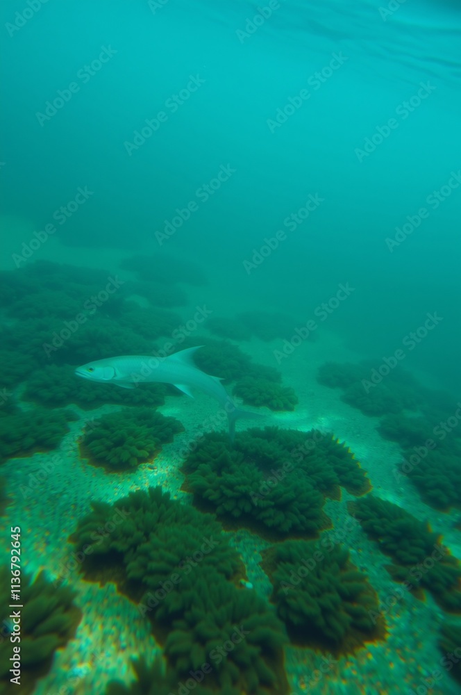 Underwater Scene Featuring a Shark Swimming Over Coral Reefs Underwater Scene Featuring a Shark Swimming Over Coral Reefs