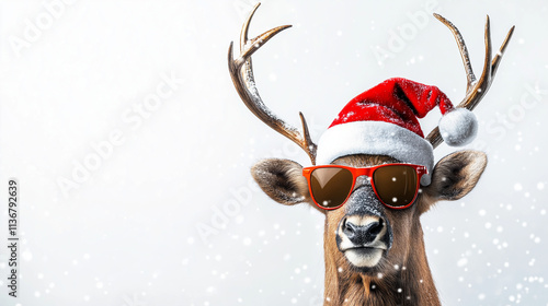 Frohe Weihnachten Urlaub Winter Grußkarte mit deutschem Text - Cooles Rentier Hirsch mit Weihnachtsmannmütze und Sonnenbrille, isoliert auf weissem Hintergrund
