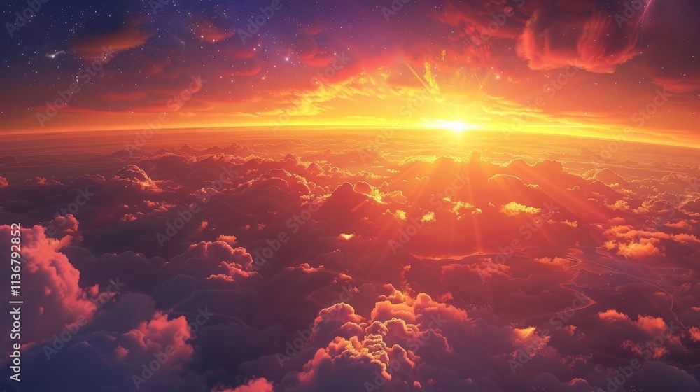 A Spectacular Sunrise Over A Sea Of Clouds And Stars A Spectacular Sunrise Over A Sea Of Clouds And Stars